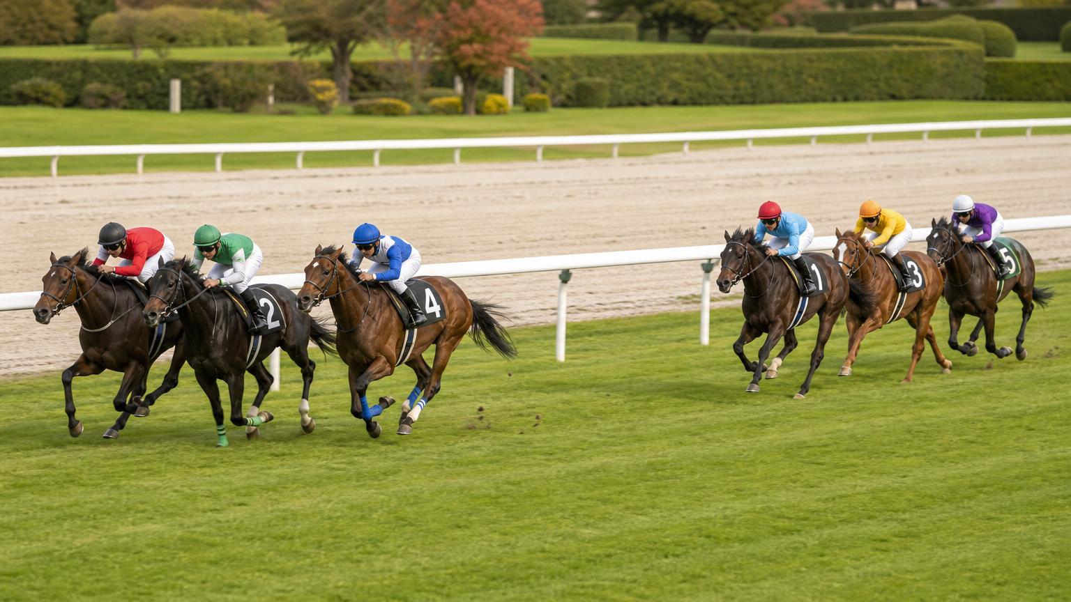中央競馬の芝コースで、先頭の3頭と、少し離れて続く後ろの馬群を真横から描いた画像