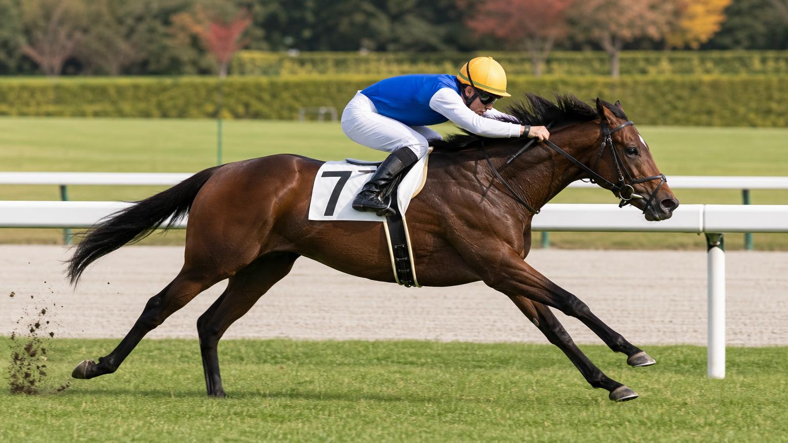 晴れた日の中央競馬の芝コースで、内ラチ沿いを全力で駆ける1頭の競走馬を真横から寄りで描いた画像