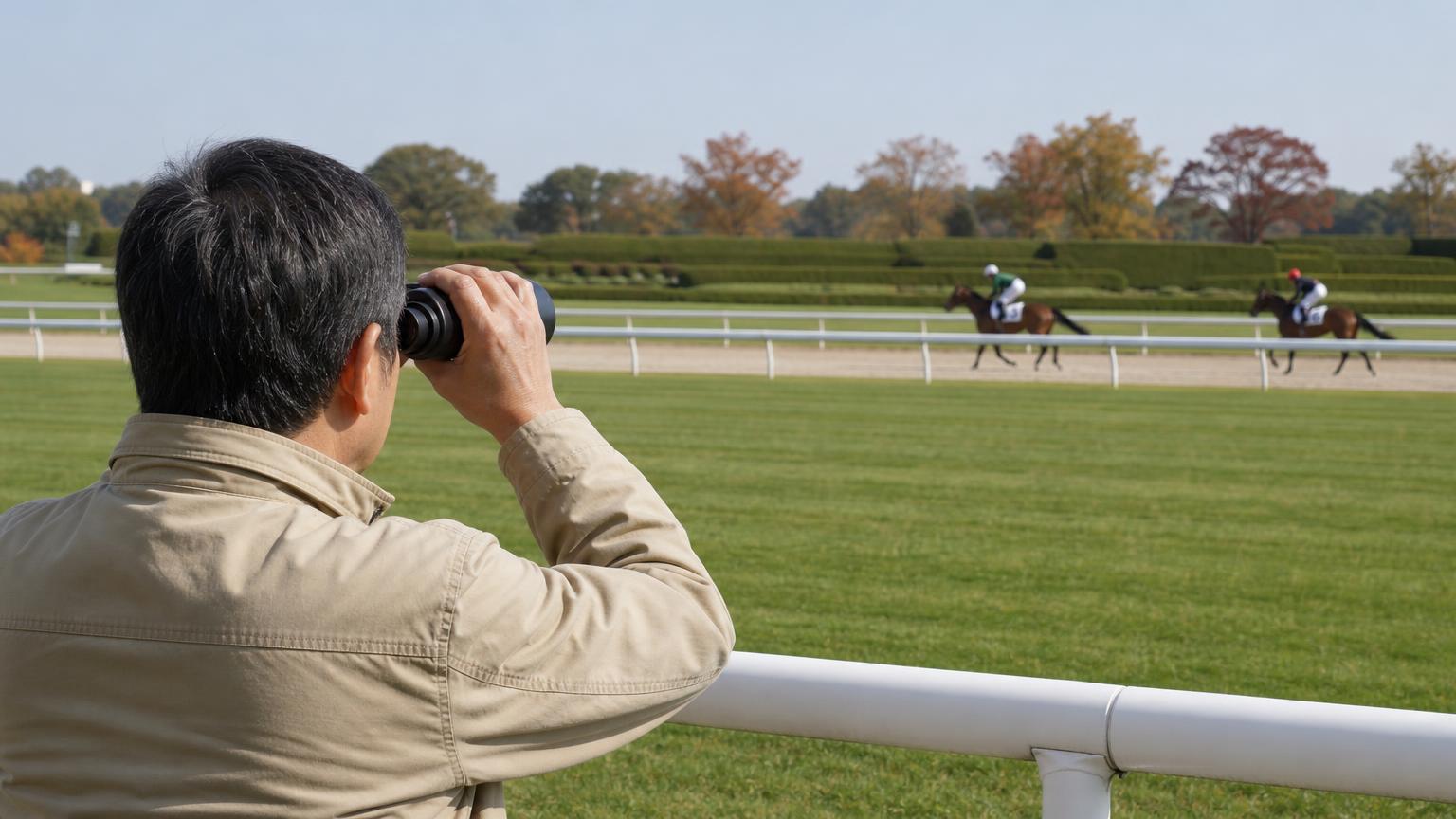 中央競馬の競馬場のスタンド前で、柵に寄って双眼鏡でコースの馬を見る来場者を斜め後ろから描いた画像