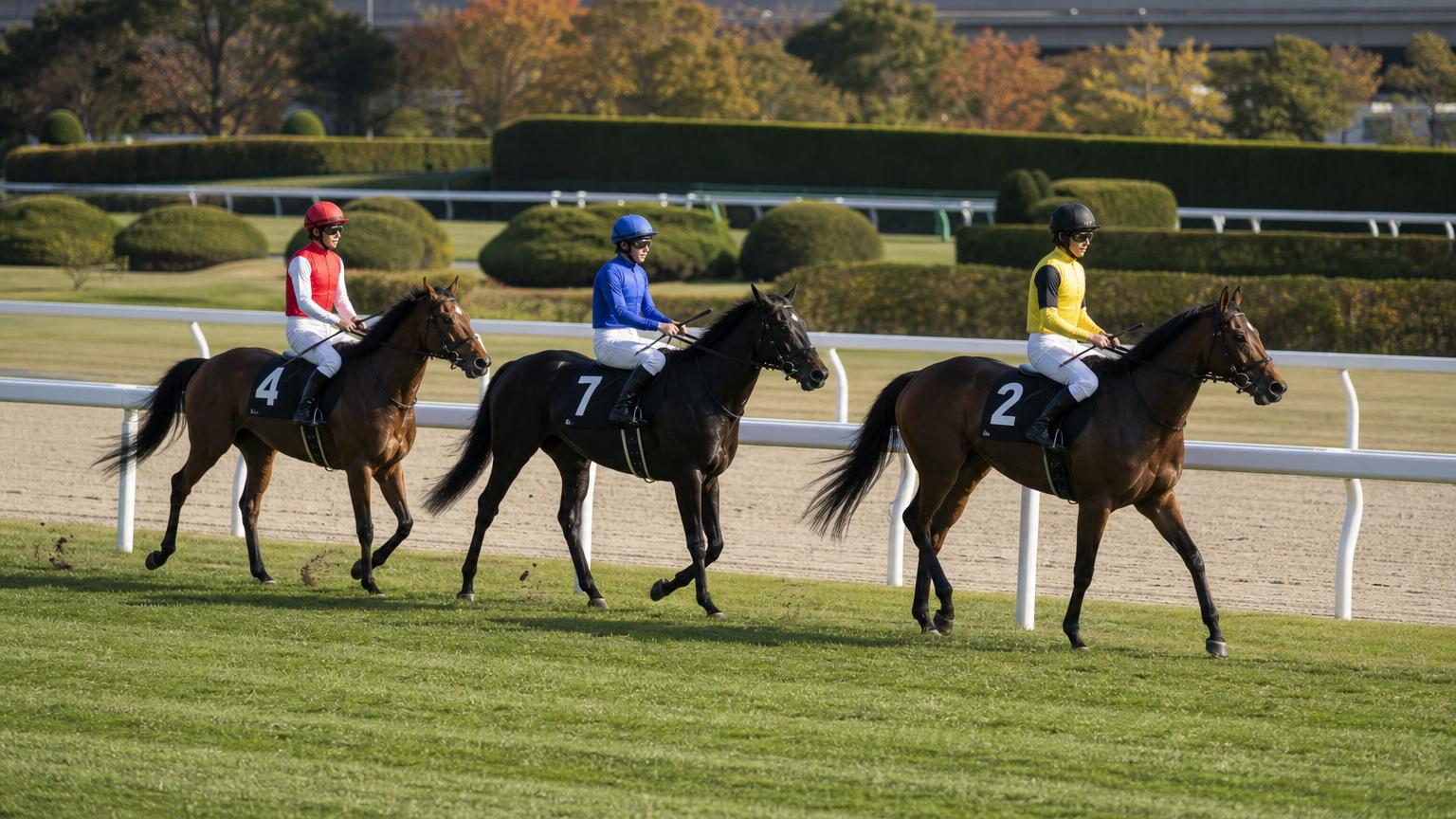 中央競馬の芝コースで、ゴールを過ぎてゆっくり歩く数頭の競走馬と騎手を真横から描いた画像