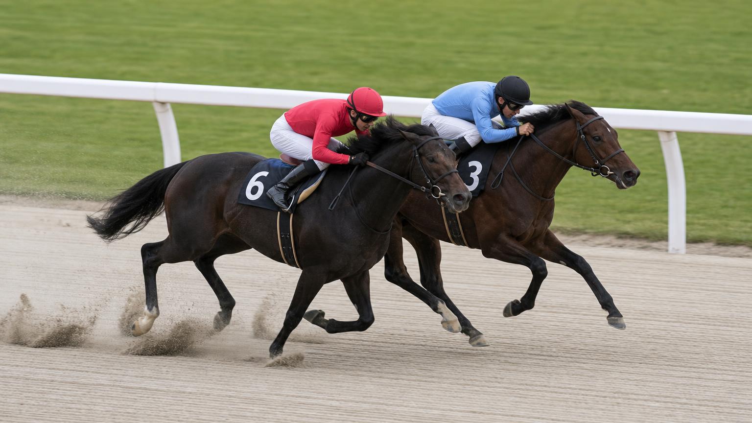 中央競馬のダートコースで、内ラチ沿いを2頭の競走馬が馬体を並べて競り合う場面を真横から寄りで描いた画像