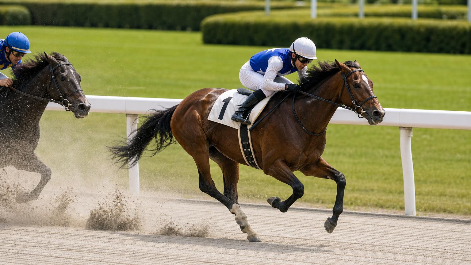 中央競馬のダートコースで、先頭を走る1頭の競走馬を真横から寄りで描いた画像