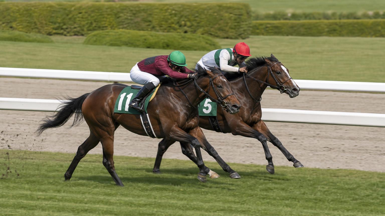 中央競馬の芝コースで、内ラチ沿いを2頭の競走馬が馬体を並べて競り合う場面を真横から寄りで描いた画像