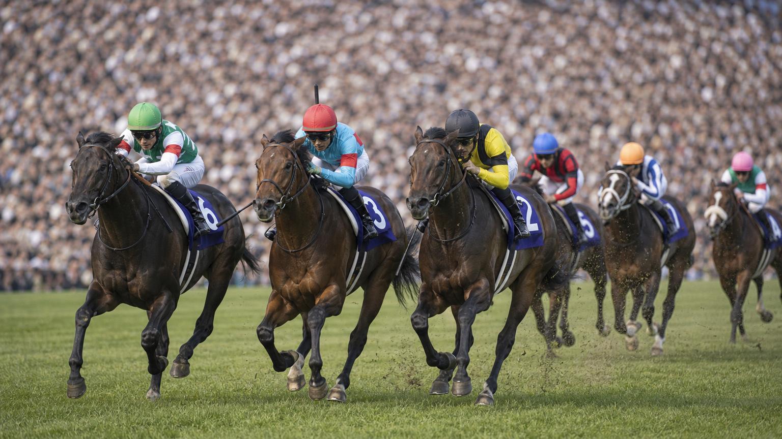 満員の観客を背に、中央競馬の芝コースを正面から駆けてくる馬群。先頭を争う3頭がほぼ横に並んでいる場面を描いた画像