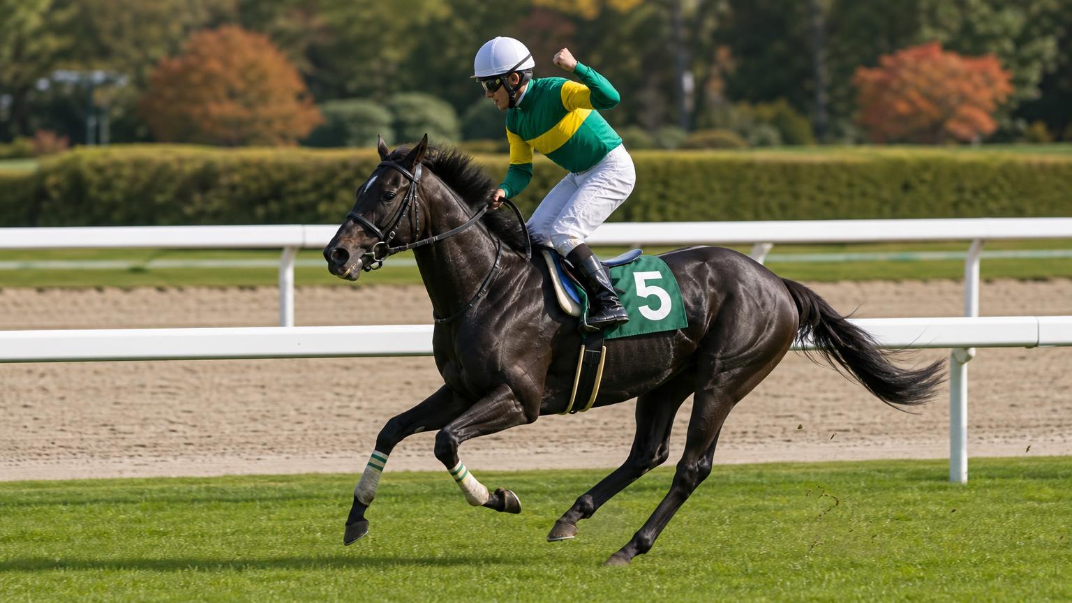 中央競馬の芝コースで、ゴールを駆け抜けた直後に騎手が拳を挙げて喜ぶ競走馬を真横から描いた画像