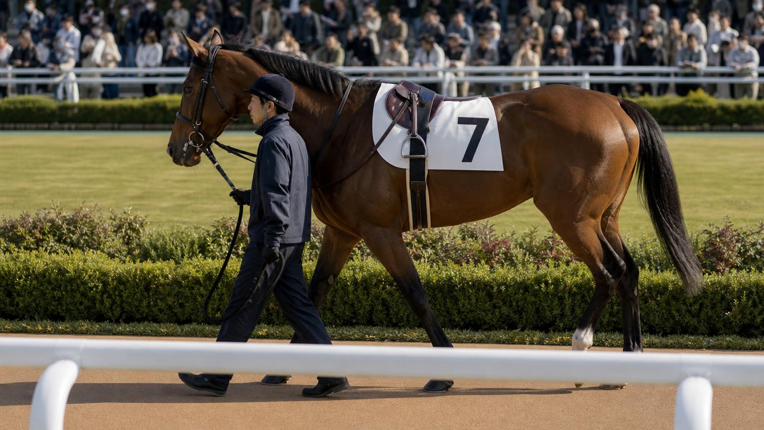 競馬場のパドックで、厩務員に引かれて周回する競走馬と、柵の外から見守る来場者たちを描いた画像