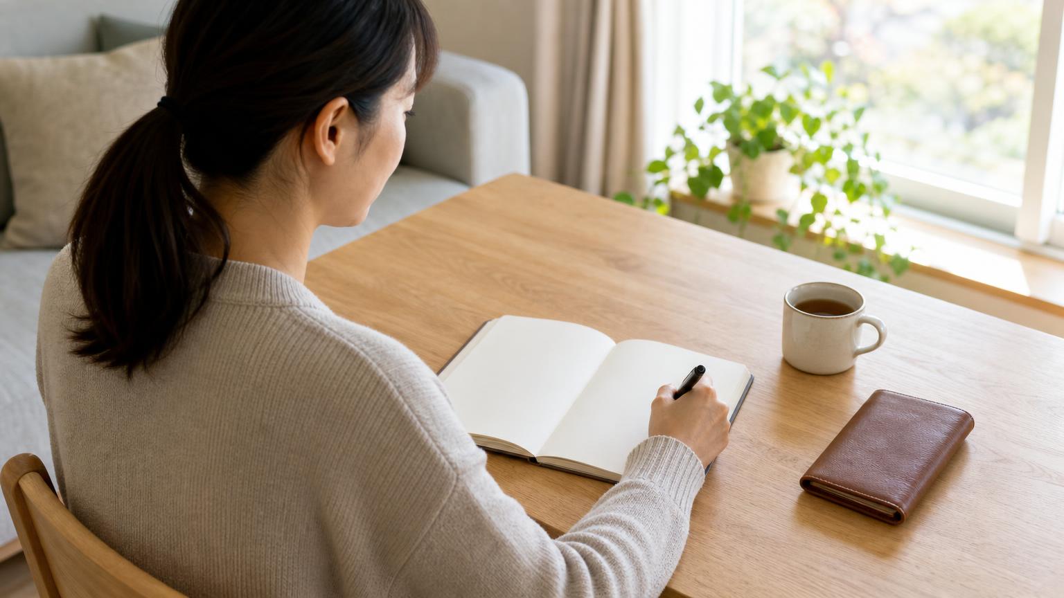 明るい部屋のテーブルで、財布をかたわらに置き、ノートにペンで書き込もうとしている女性の手元を描いた画像