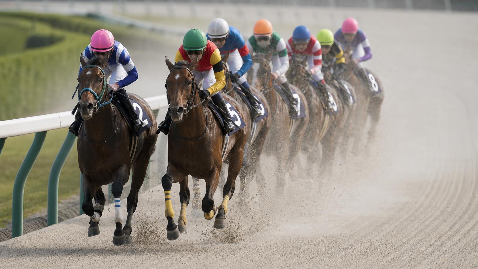 中央競馬のダートコースを、砂を蹴り上げながら一団で走る競走馬たちを正面寄りから描いた画像
