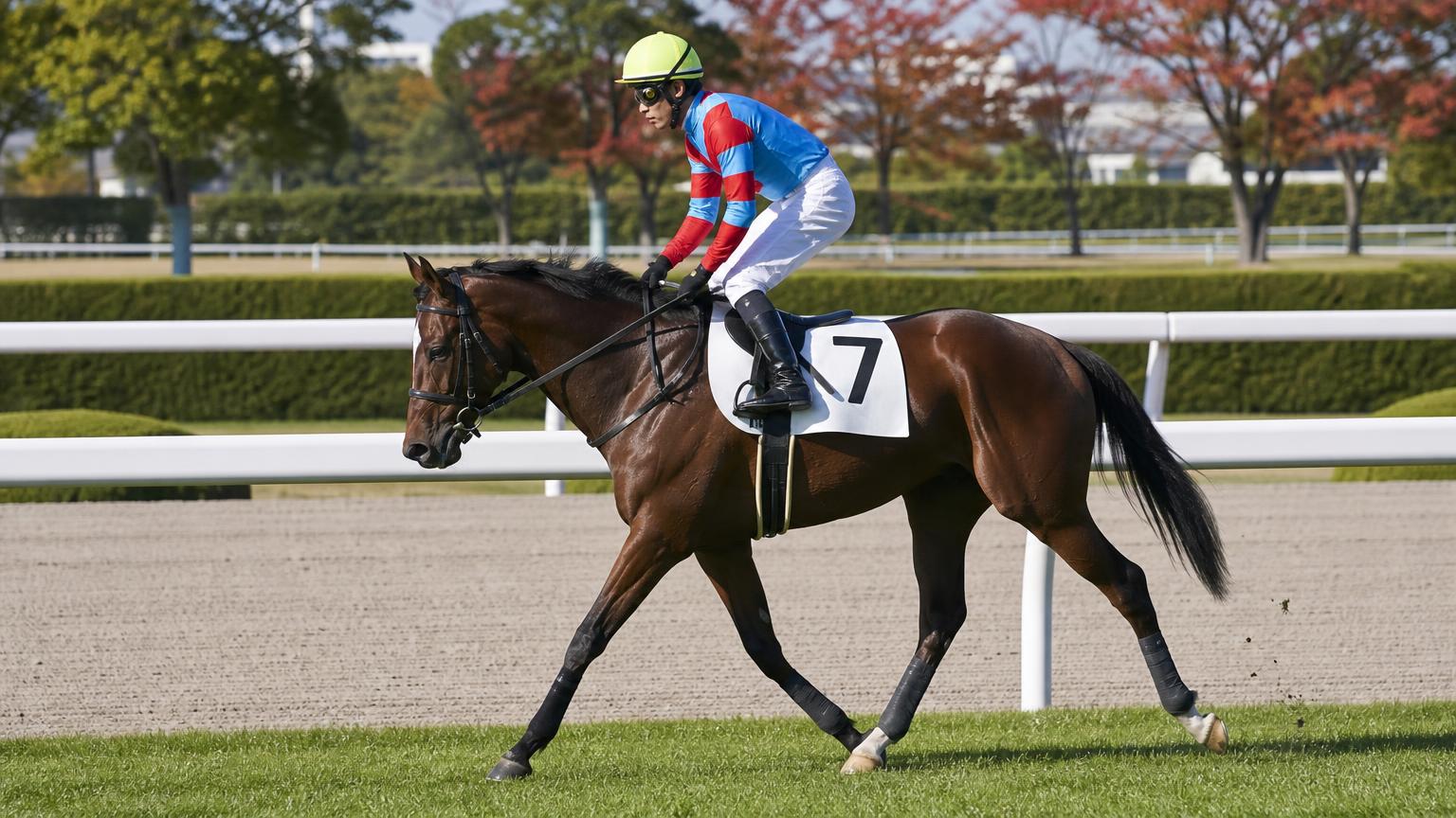 晴れた日の中央競馬の芝コースで、レース前の準備運動（返し馬）でゆったりと駆ける1頭の競走馬と騎手を真横から寄りで描いた画像