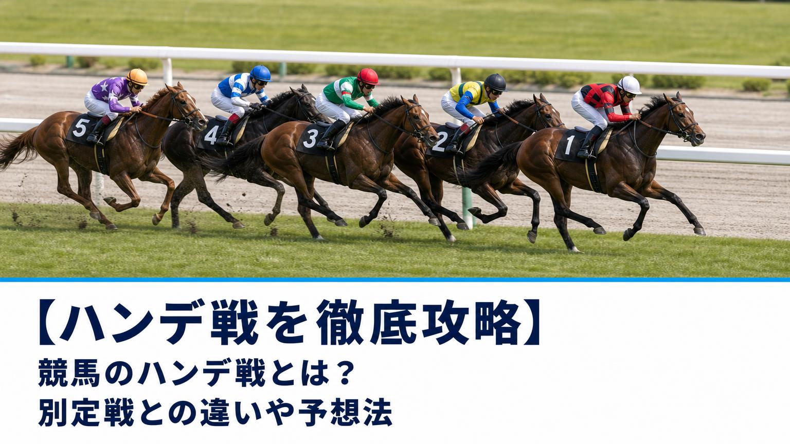 記事の題名（【ハンデ戦を徹底攻略】競馬のハンデ戦とは？別定戦との違いや予想法）の文字と、中央競馬の芝コースのゴール前で5頭が固まって競り合う接戦を真横から捉えた写真