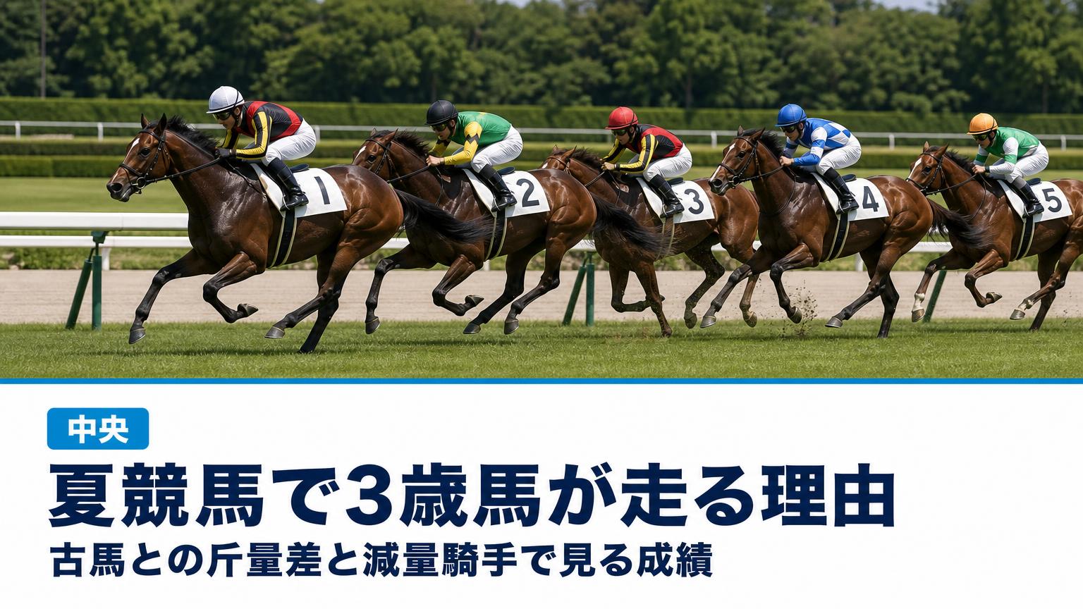 記事の題名（夏競馬で3歳馬が走る理由｜古馬との斤量差と減量騎手で見る成績（中央））の文字と、真夏の晴れた午後に中央競馬の芝コースの内ラチ沿いを駆ける競走馬たちを真横から捉えた写真