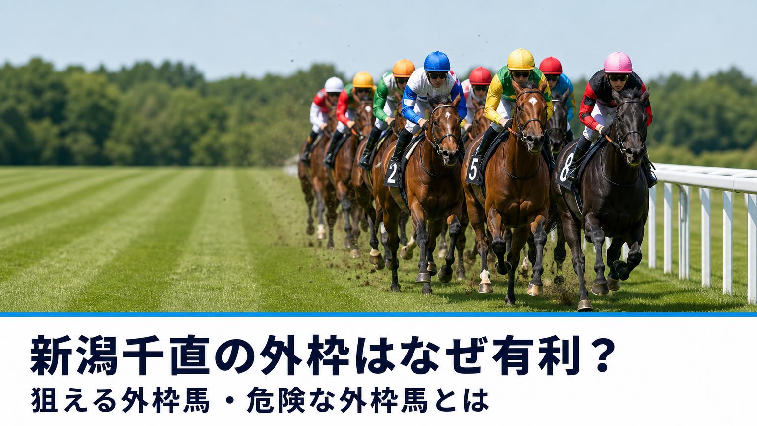 記事の題名(新潟千直の外枠はなぜ有利?狙える外枠馬・危険な外枠馬とは)の文字と、夏の直線の芝コースで片側の柵沿いに寄って駆けてくる馬群を正面から捉えた写真