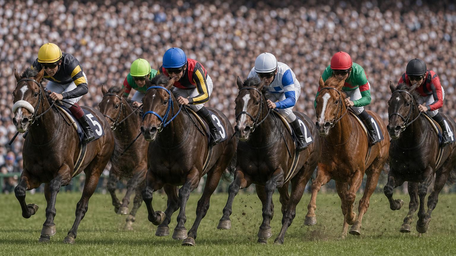 満員の観客を背に、中央競馬の芝コースを正面から横に並んで駆けてくる馬群。どの馬が抜け出すか分からない接戦になっている