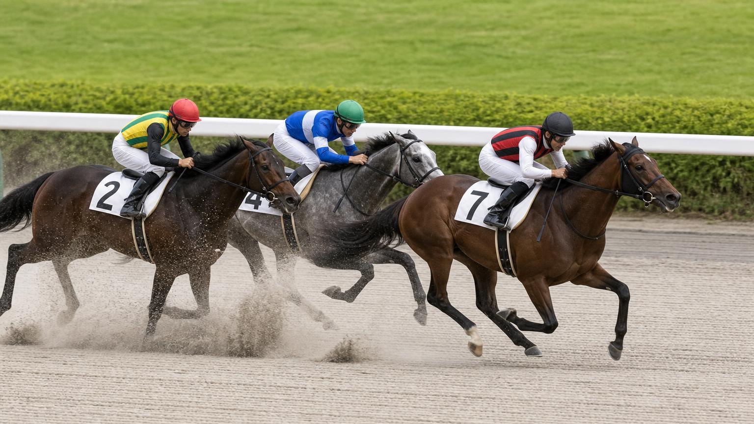 中央競馬のダートコースで、内ラチ沿いに先頭を走る馬を2頭が追う場面を真横から寄りで捉えた写真。追う2頭は前の馬が蹴り上げた砂を浴びている