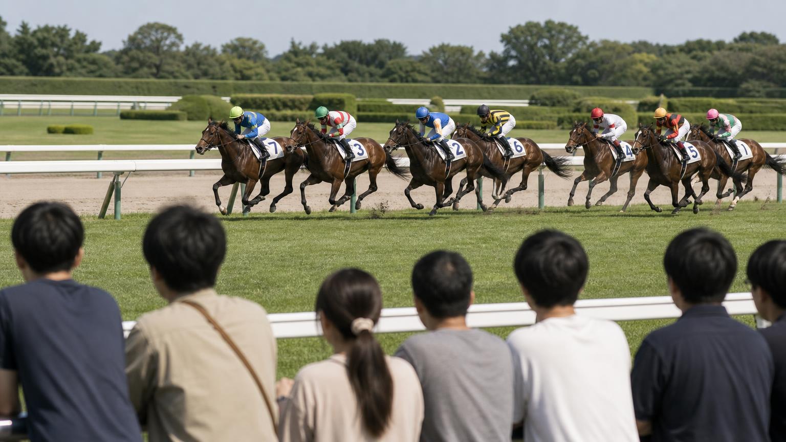 中央競馬場のスタンド前で、柵越しにレースを見守る観客の後ろ姿。芝コースの向こう側の内ラチ沿いを馬群が駆けていく