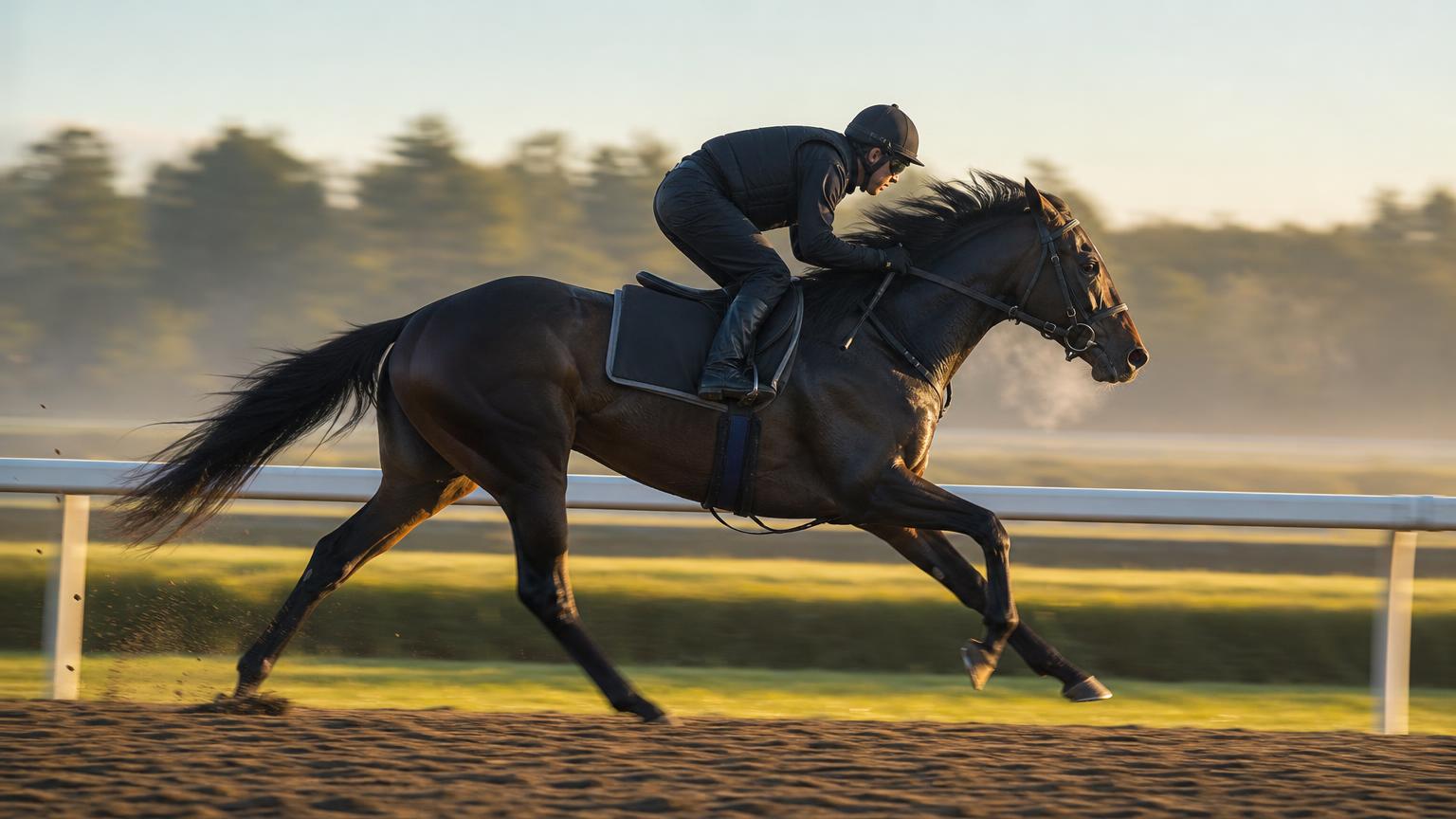 朝の光の中、調教コースを力強く駆ける競走馬と、身をかがめて騎乗する乗り手を真横から寄りで捉えた場面