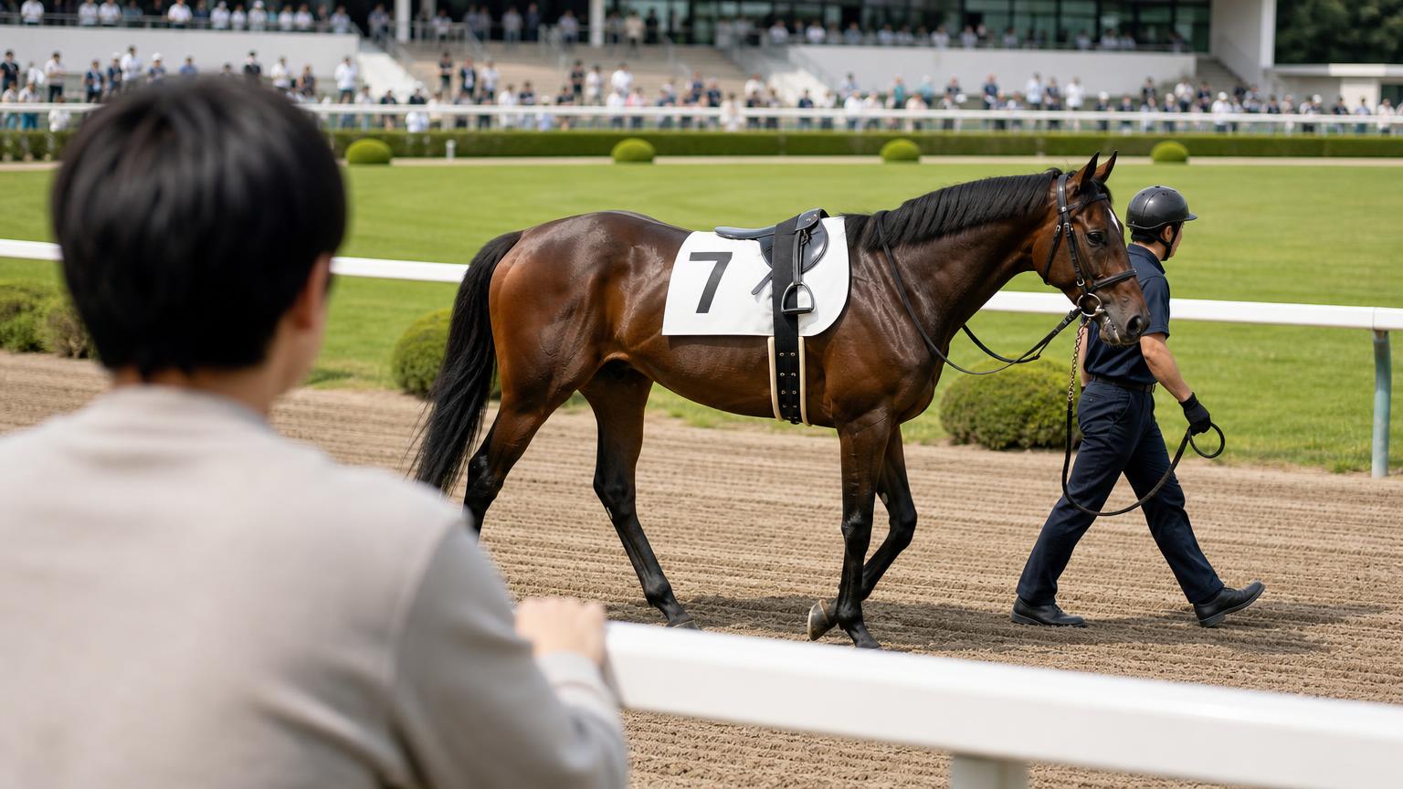パドックの柵越しに、引き手に引かれて目の前を周回する競走馬を見つめる観客の後ろ姿