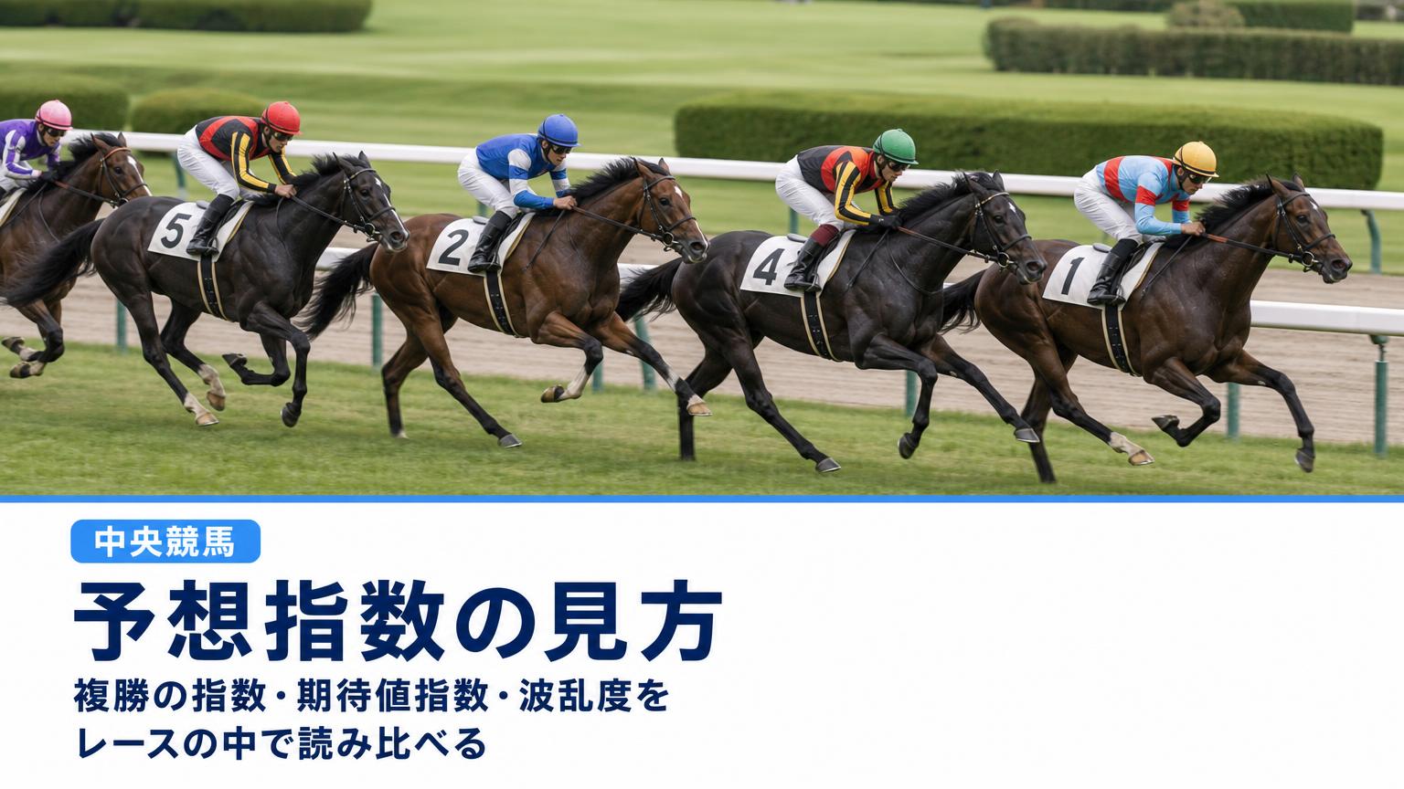記事タイトル「予想指数の見方｜複勝の指数・期待値指数・波乱度をレースの中で読み比べる（中央競馬）」の文字と、中央競馬の芝コースで内ラチ沿いに連なって追い比べる競走馬たちを描いた画像