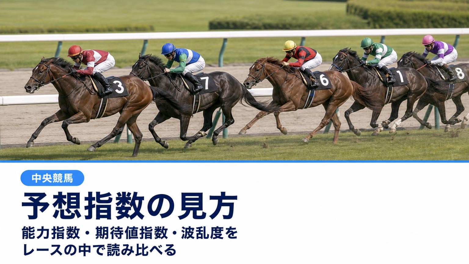 記事タイトル「予想指数の見方|能力指数・期待値指数・波乱度をレースの中で読み比べる(中央競馬)」の文字と、晴れた午後の中央競馬の芝コースで内ラチ沿いに連なって追い比べる競走馬たちの写真