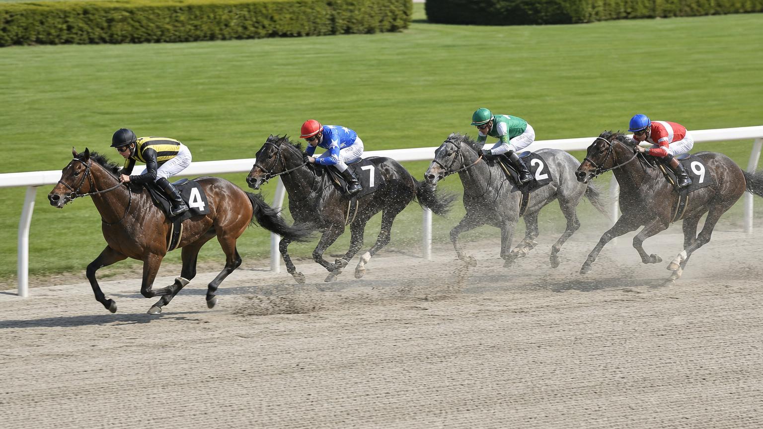 中央競馬のダートコースで、内ラチ沿いに縦一列に連なって駆ける競走馬たちを真横から寄りで描いた画像