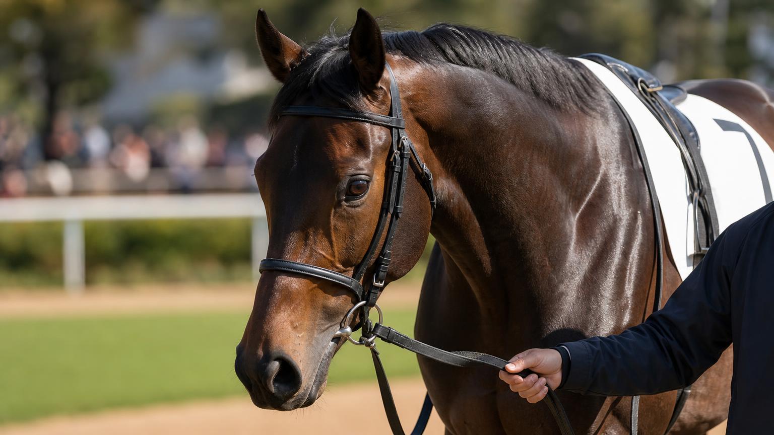競馬場のパドックで、厩務員に引かれて歩く競走馬の首と肩のあたりを斜め前から寄りで描いた画像