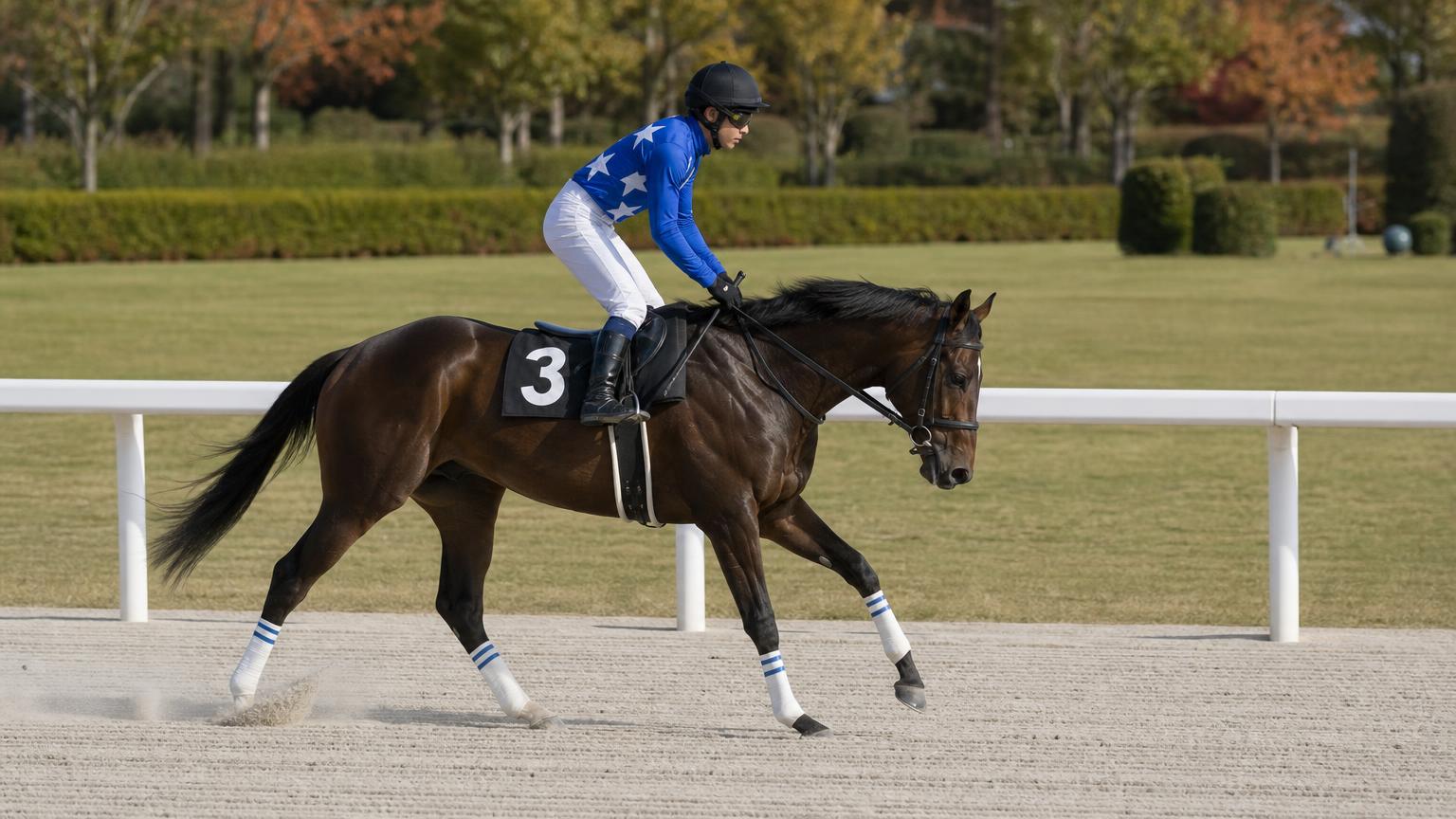 発走前の準備運動（返し馬）で、中央競馬のダートコースを軽く駆ける1頭の競走馬と騎手を真横から寄りで描いた画像