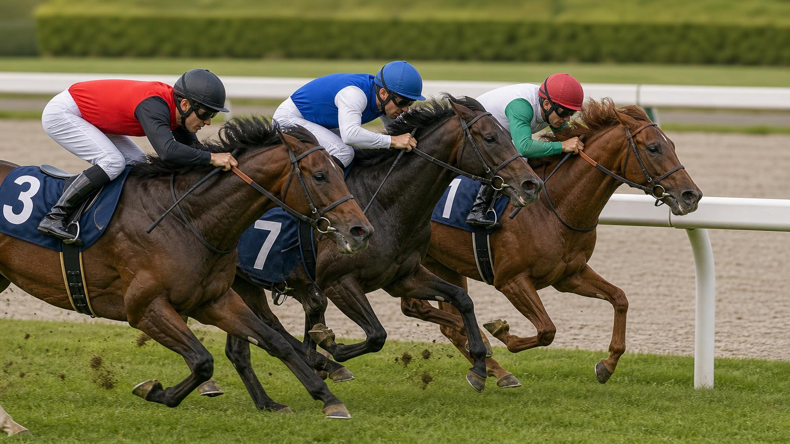 中央競馬の芝コースで、ゴール前で3頭の競走馬が首を並べて競り合う場面を真横から寄りで描いた画像