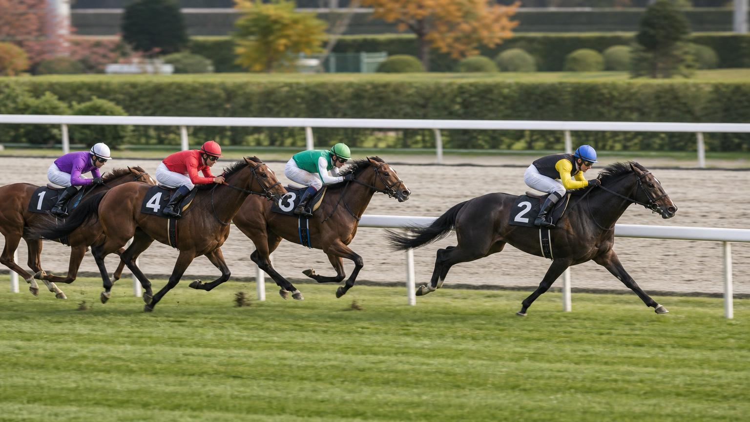 中央競馬の芝コースで、内ラチ沿いを抜け出した1頭を後ろの競走馬たちが追う場面を真横から寄りで描いた画像