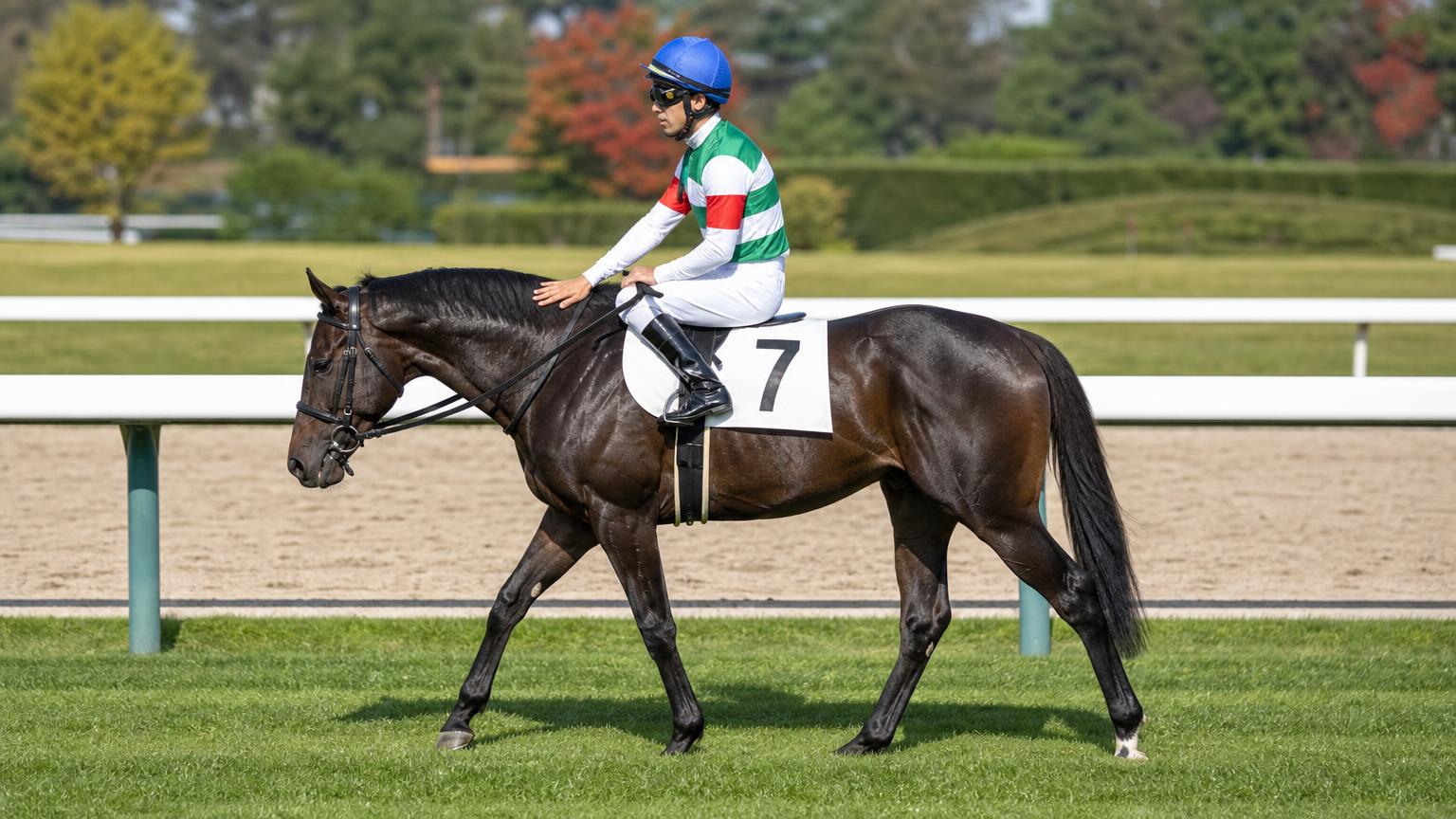 晴れた日の中央競馬の芝コースで、騎手に首をなでられながらゆっくり歩く1頭の競走馬を真横から描いた画像