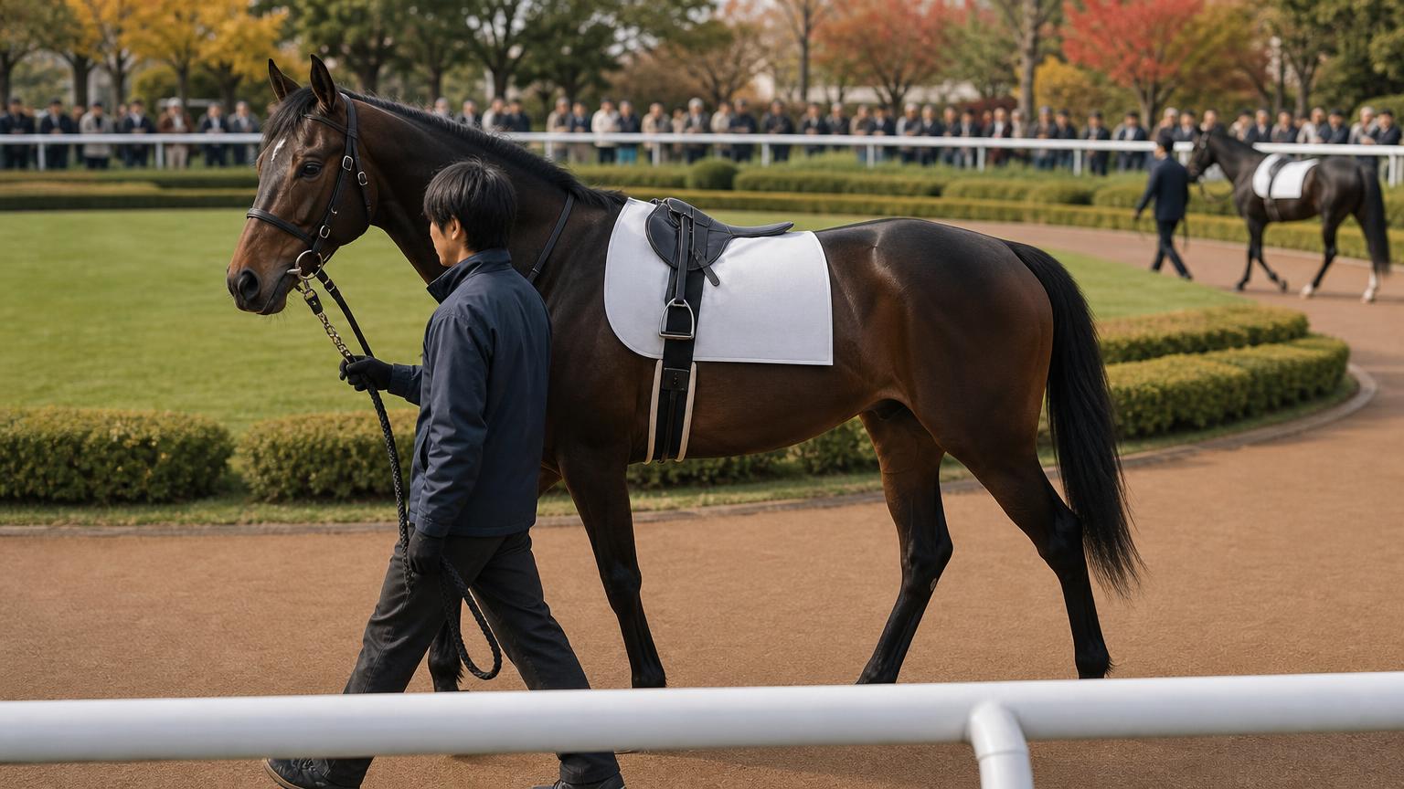 中央競馬のパドックで、デビュー前の若い競走馬が厩務員に引かれて周回している場面を描いた画像