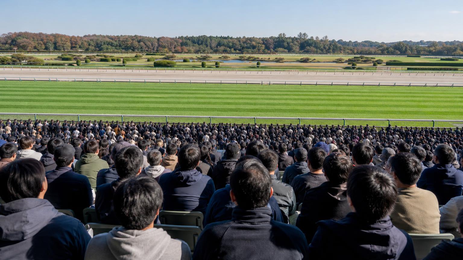 中央競馬の競馬場で、大きなレースの前にスタンドを埋めた観客がコースを見つめている場面を後ろから描いた画像