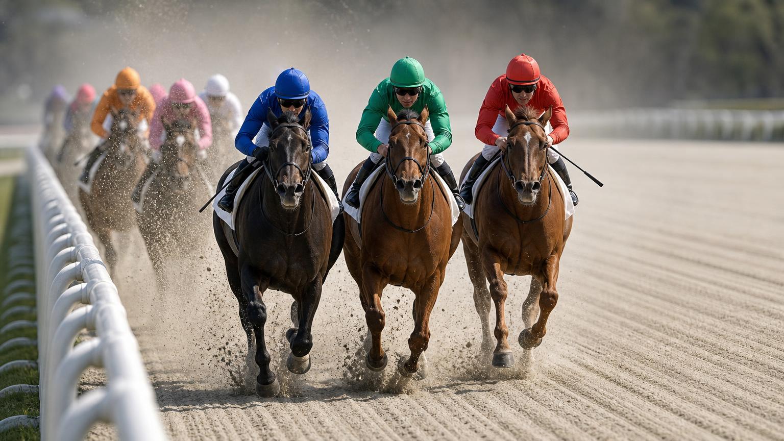 中央競馬のダートコースの直線で、人気の馬たちが横に並んで追い比べをする場面を描いた画像