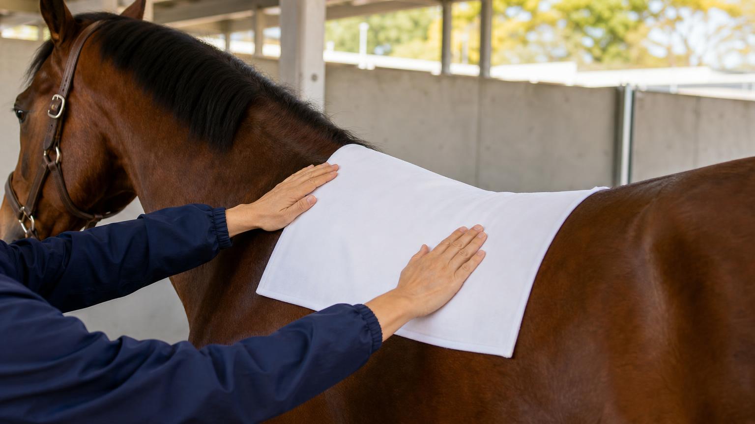 中央競馬の競馬場の装鞍所で、レースの前に厩務員が競走馬の背に白いゼッケンを整える手元を寄りで描いた画像