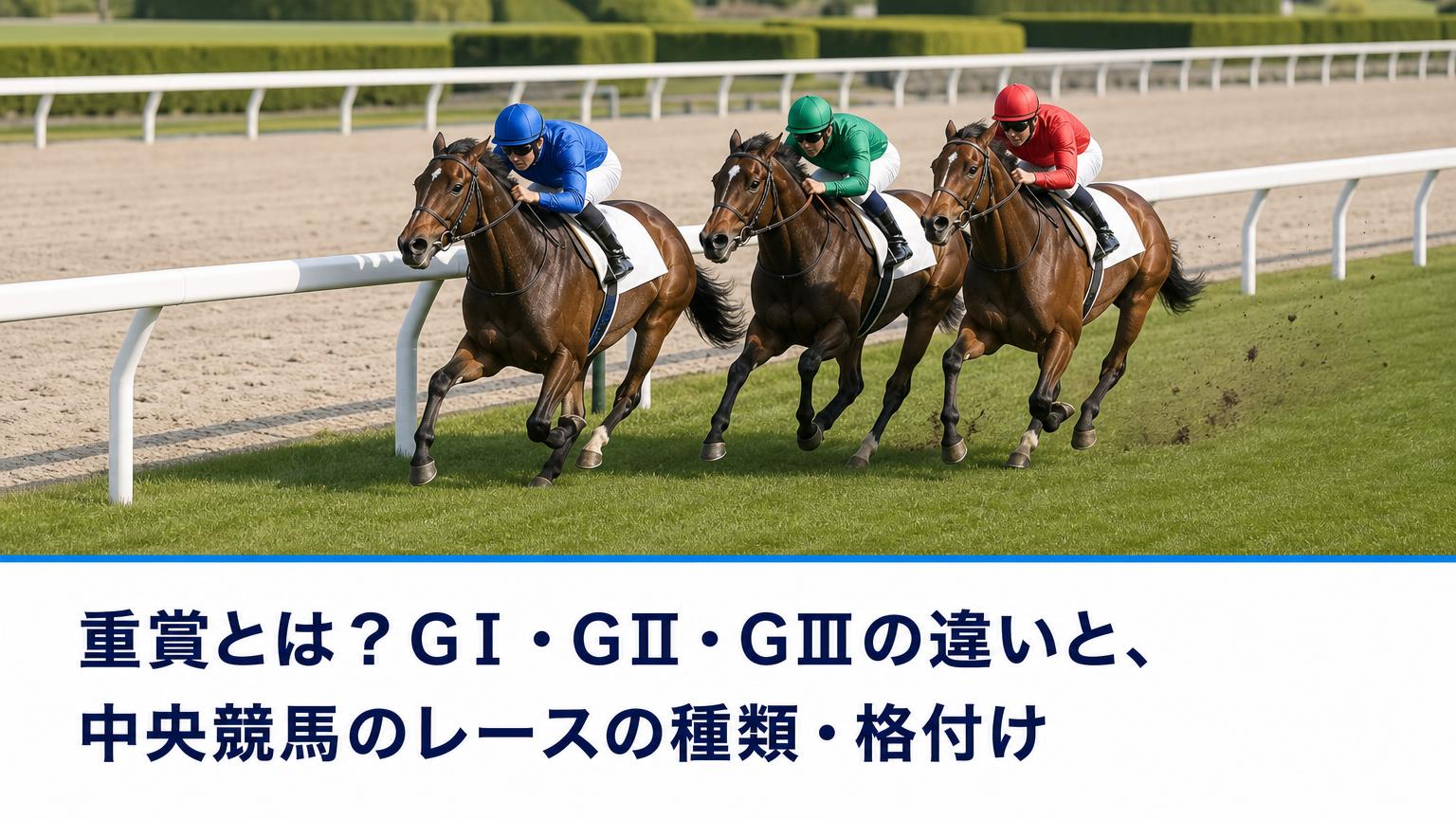 記事タイトル「重賞とは？GⅠ・GⅡ・GⅢの違いと、中央競馬のレースの種類・格付け」の文字と、中央競馬の芝コースの直線で先頭争いをする競走馬たちの画像