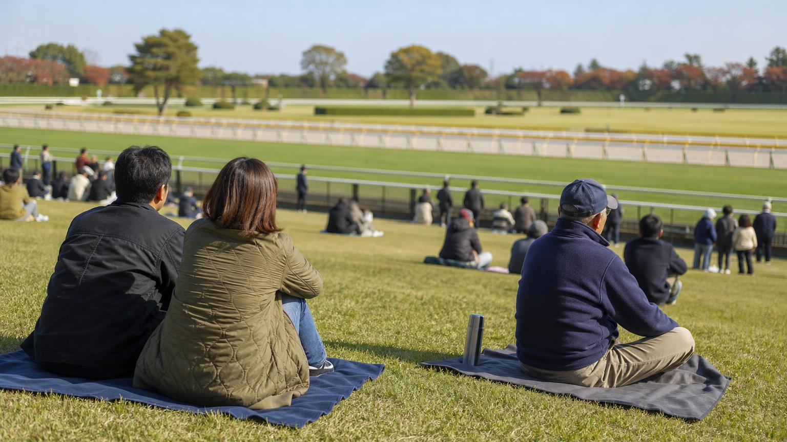 晴れた秋の中央競馬の競馬場で、スタンド前の芝生に腰を下ろしてレースを待つ来場者たちを後ろから描いた画像