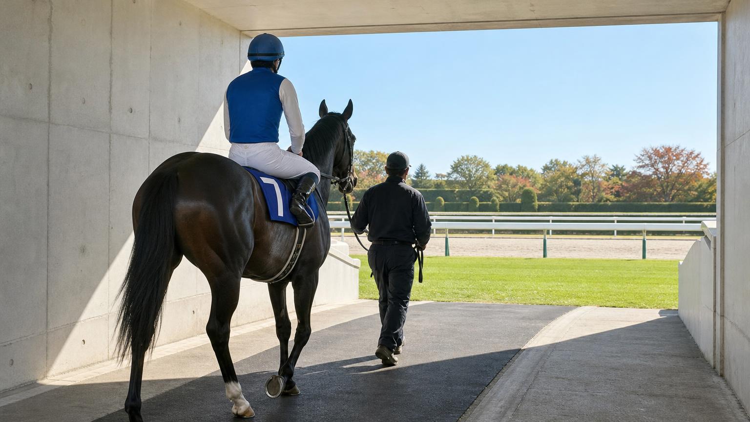 中央競馬の競馬場で、厩務員に引かれて地下馬道から明るいコースへ出ていく競走馬と騎手を斜め後ろから描いた画像