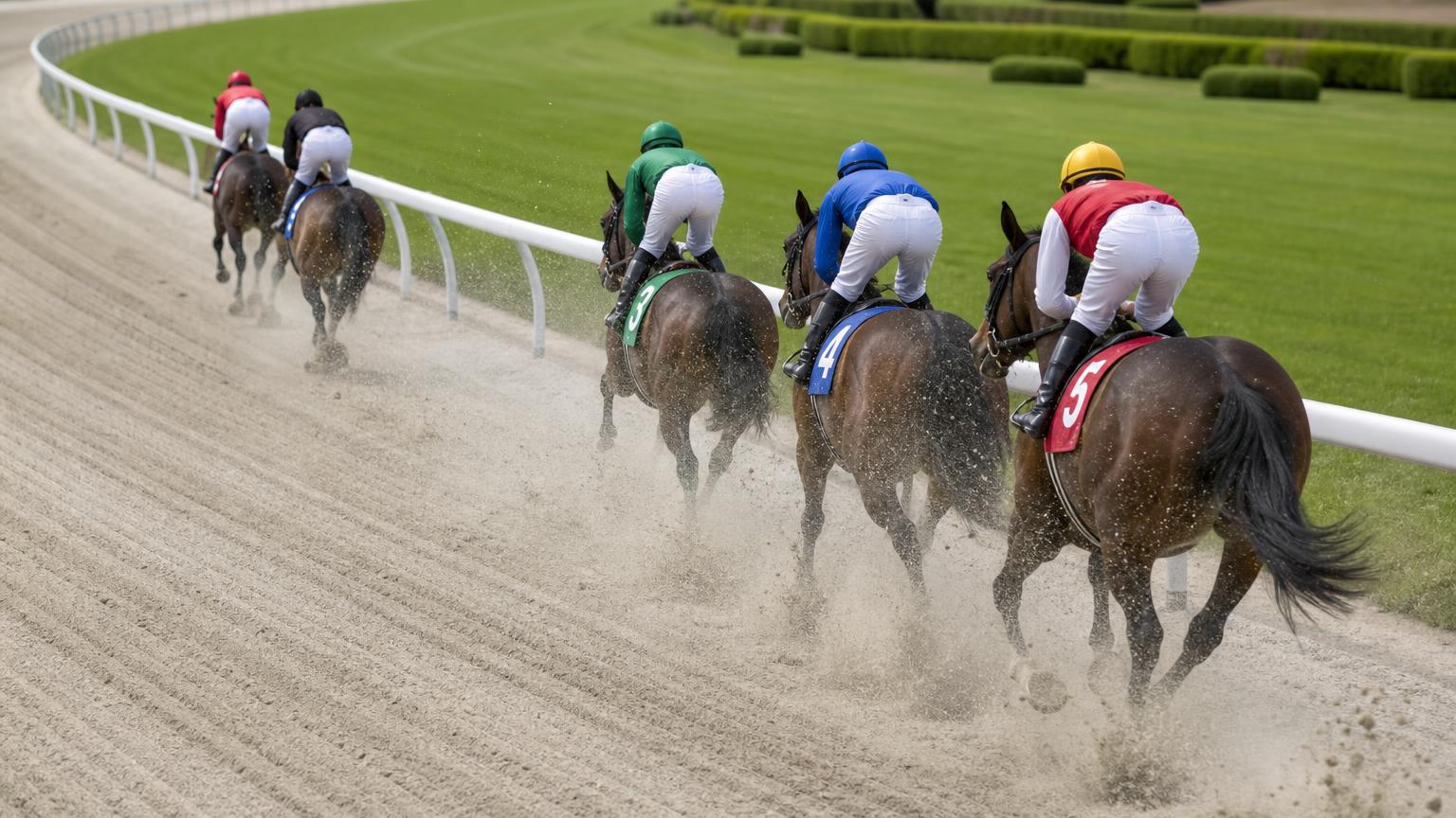 中央競馬のダートコースで、内ラチ沿いを走り去る競走馬たちを斜め後ろから描いた画像