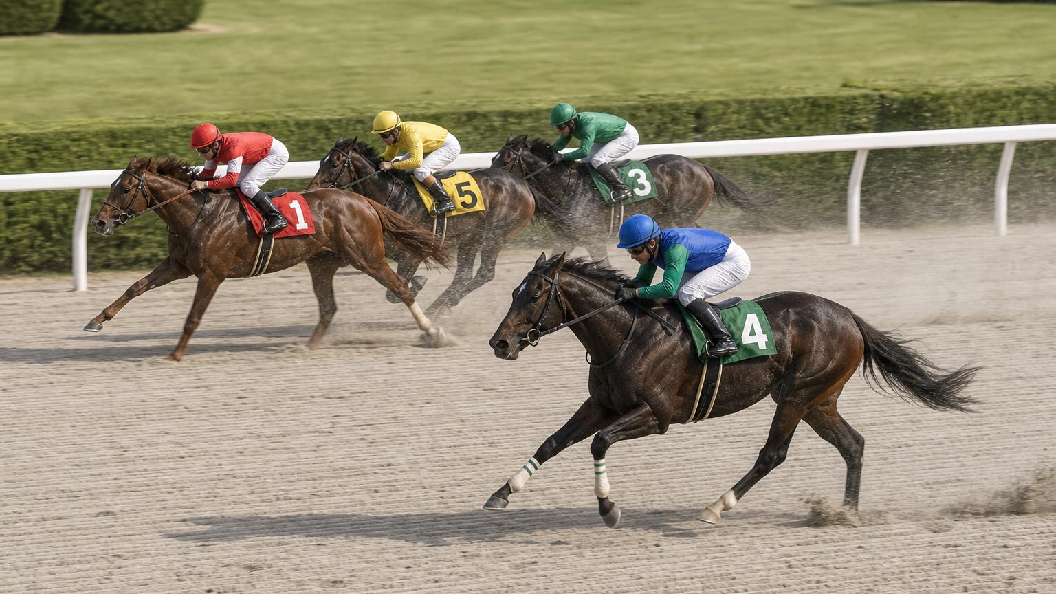 中央競馬のダートコースで、内ラチ沿いを先に行く馬たちの外から、1頭の競走馬が伸びてくる場面を真横から描いた画像