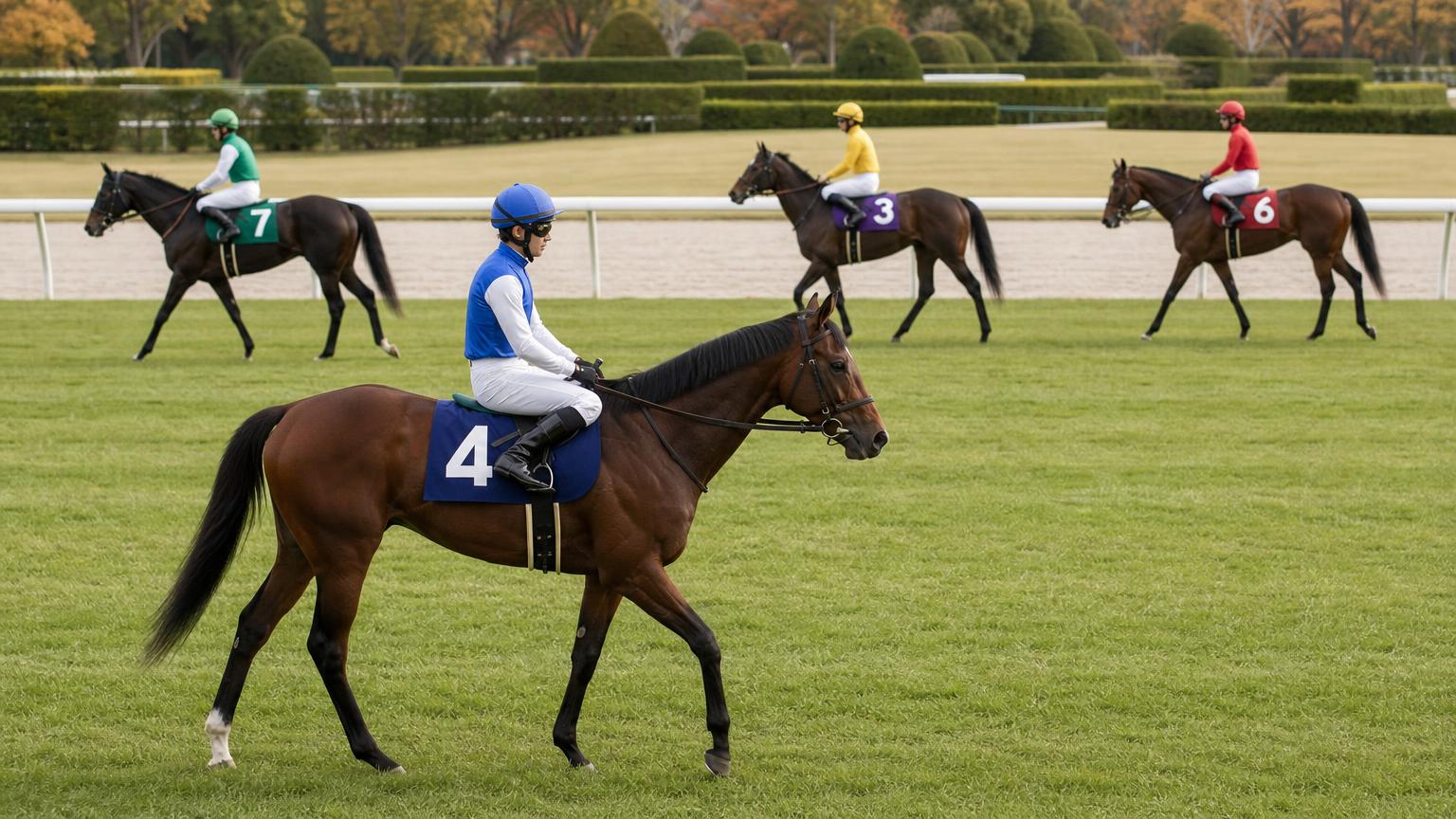 中央競馬の芝コースで、発走を待って輪になって歩く競走馬と騎手たちを横から描いた画像