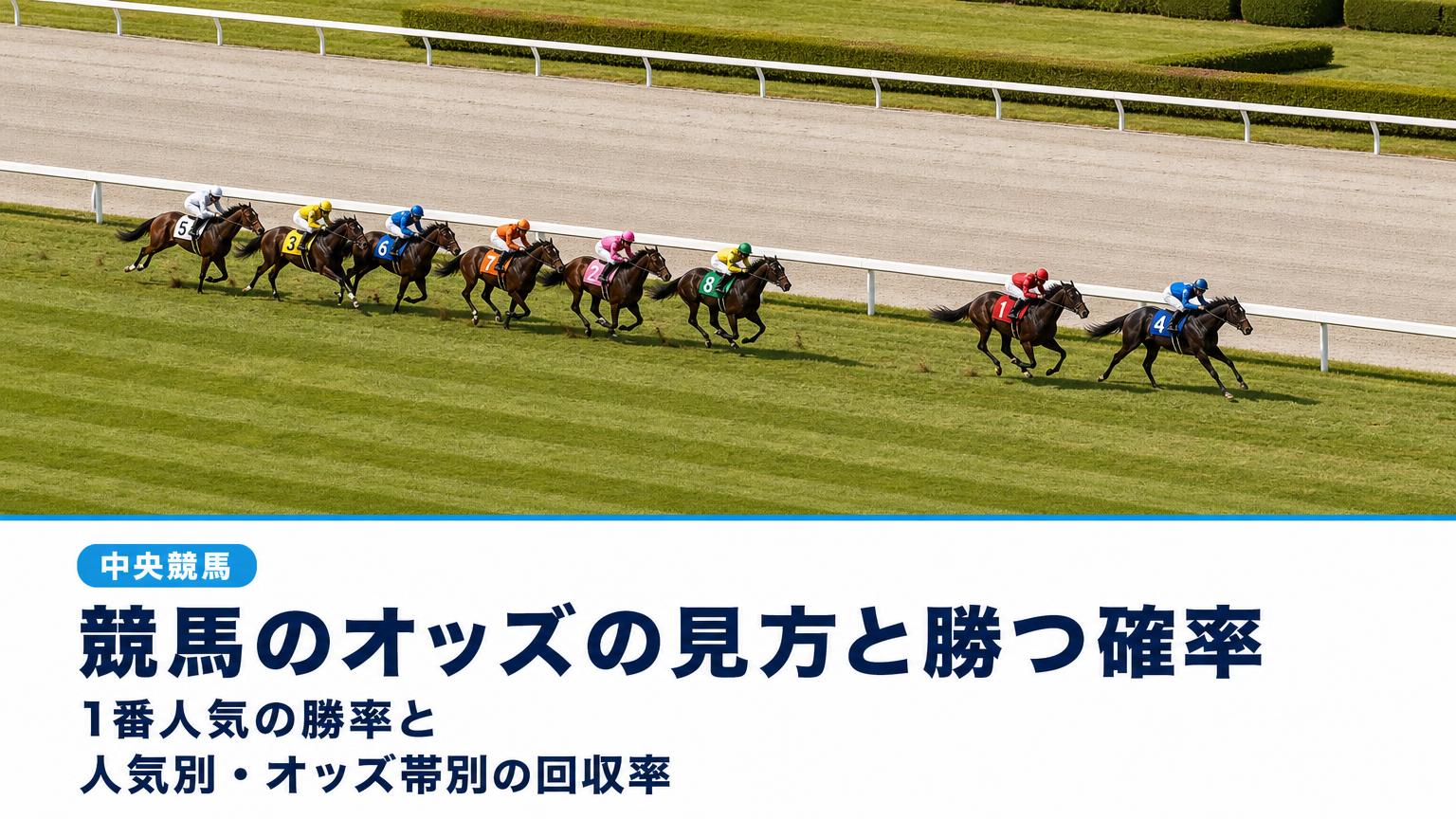記事タイトル「競馬のオッズの見方と勝つ確率｜1番人気の勝率と、人気別・オッズ帯別の回収率（中央競馬）」の文字と、晴れた秋の中央競馬の芝コースで内ラチ沿いに縦長に連なって駆ける競走馬たちを高い位置から見下ろした画像