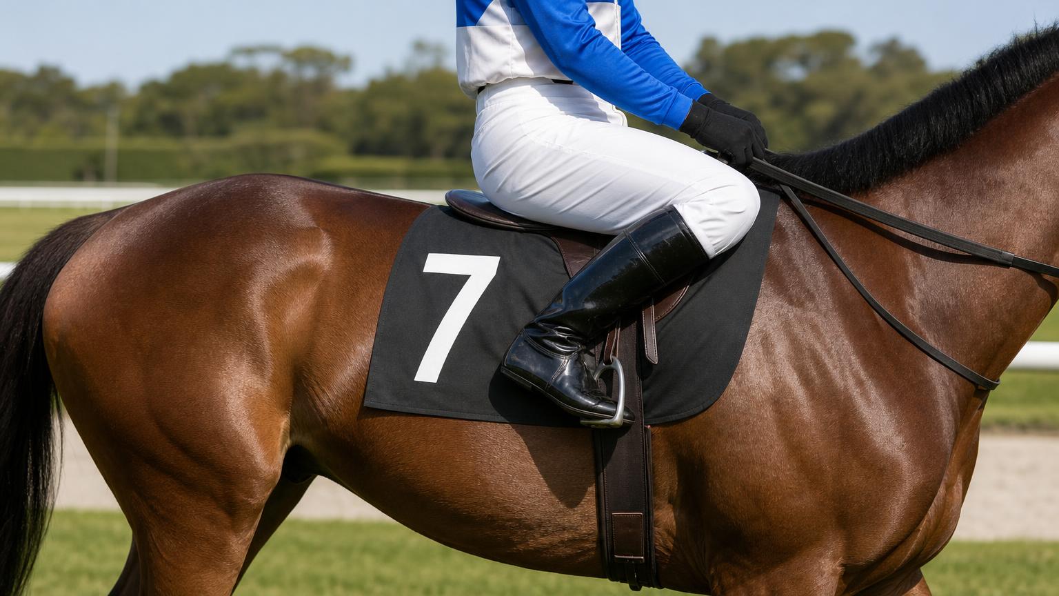 中央競馬の芝コースで、騎手を乗せて歩く競走馬の背の鞍とゼッケン、あぶみに掛けた騎手の脚を横から寄りで描いた画像