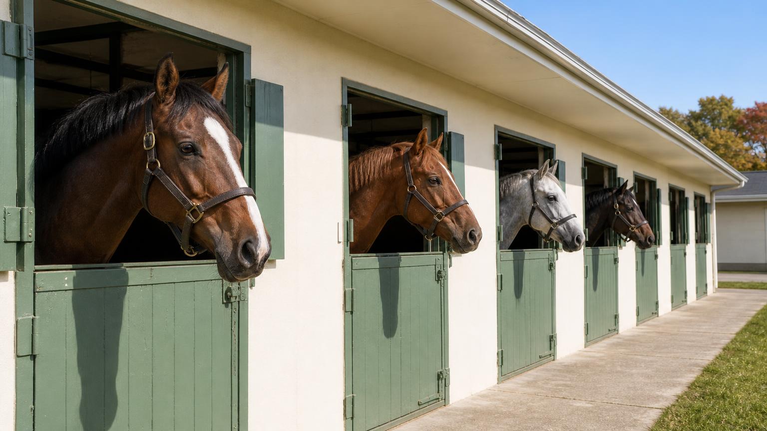 晴れた秋の昼の厩舎で、並んだ馬房の扉から、毛色の違う4頭の競走馬が顔を出している画像