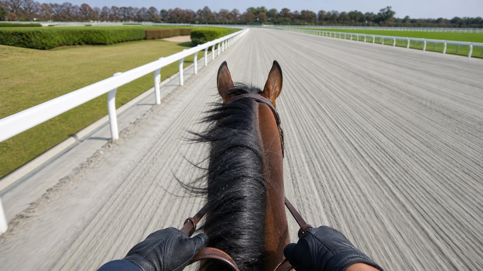 中央競馬のダートコースで、先頭を走る競走馬の背の上の騎手の目の高さから、馬の首と耳ごしに前の空いたコースを見た画像