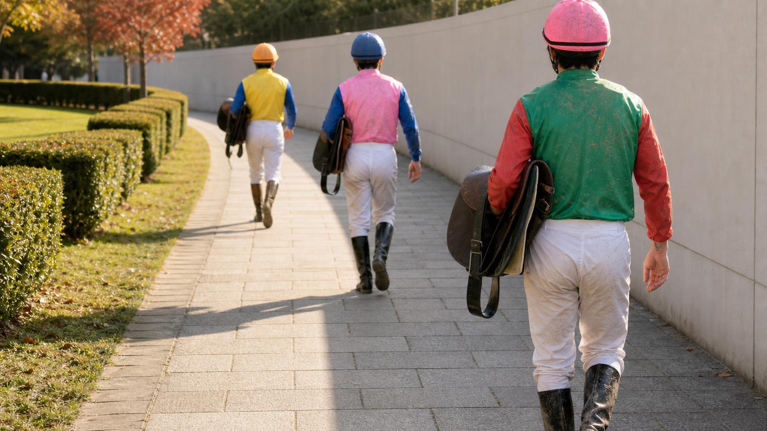 中央競馬の競馬場で、レースを終えて鞍を腕に抱え、場内の通路を戻る騎手たちを斜め後ろから描いた画像