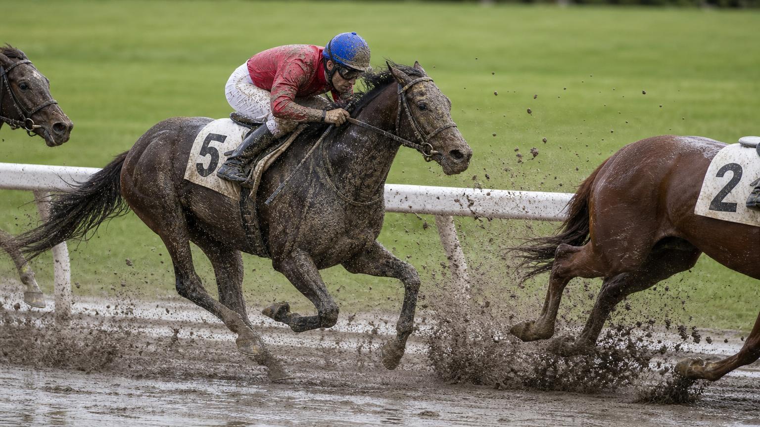 雨が上がったあとの中央競馬の不良馬場のダートコースで、前の馬が跳ね上げる泥水を浴びながら走る競走馬を真横から描いた画像