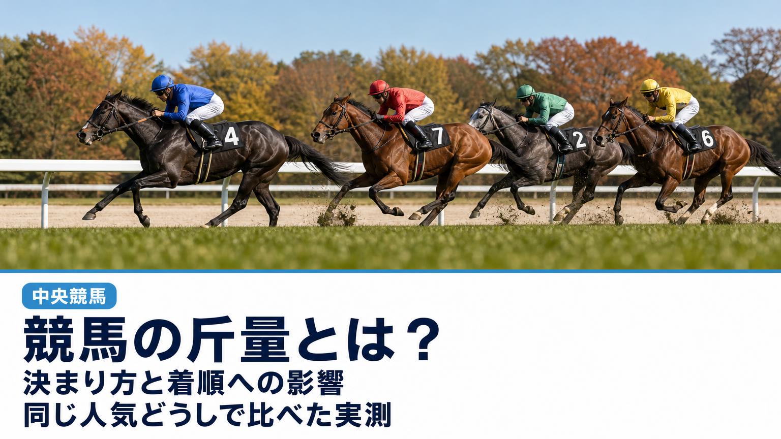 記事タイトル「競馬の斤量とは？決まり方と着順への影響｜同じ人気どうしで比べた中央競馬の実測」の文字と、晴れた秋の中央競馬の芝コースで内ラチ沿いを駆ける競走馬たちを、芝の地面すれすれの低い位置から描いた画像