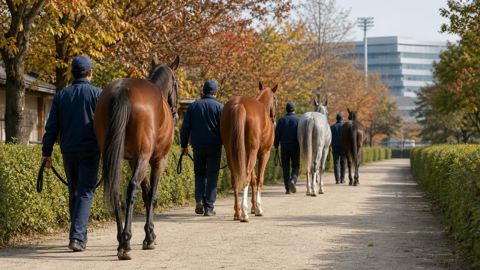 地方競馬の競馬場で、厩務員に引かれた競走馬たちが1列になってパドックへ向かう通路を歩く様子を後ろから描いた画像