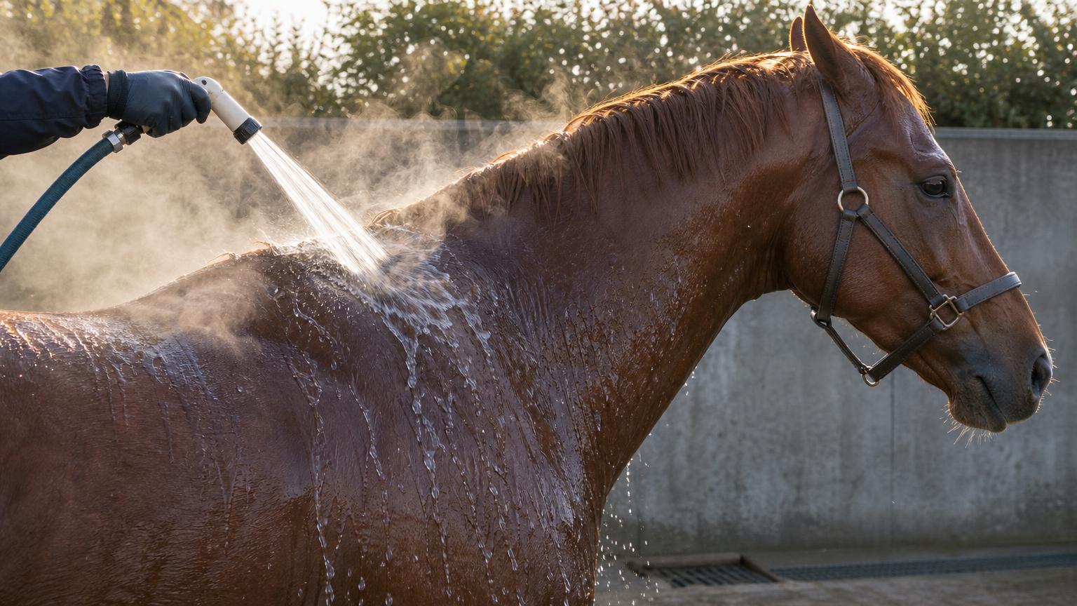 レースを走り終えた競走馬が、洗い場で首と肩に水をかけられ、馬体から湯気を上げている様子を横から描いた画像