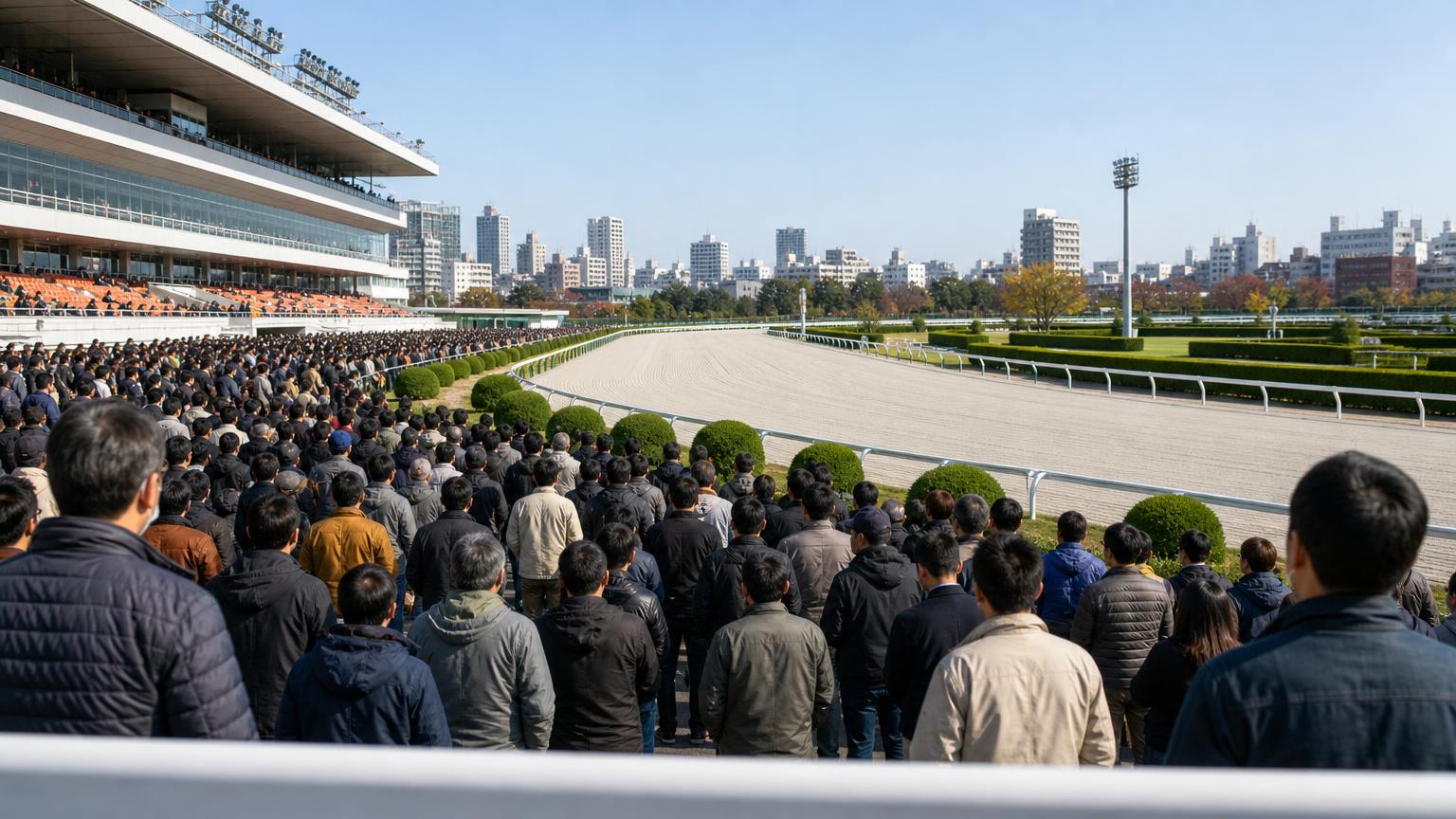 大きなレースの日の地方競馬の競馬場で、スタンドの前の広場に集まって外ラチ沿いからコースを見る大勢の来場者を、後ろの少し高い位置から描いた画像
