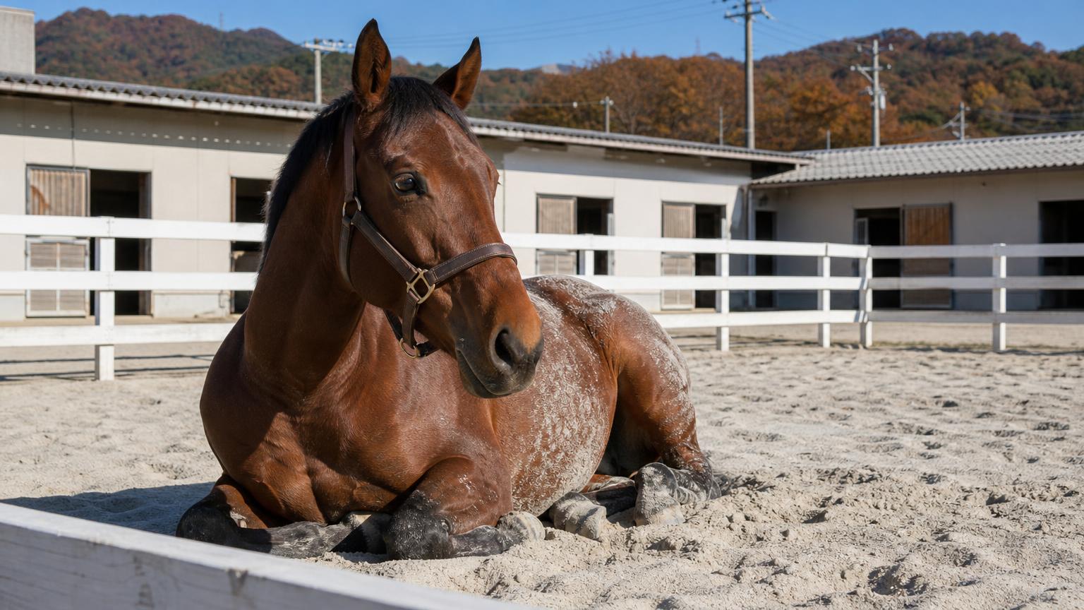 地方競馬の競馬場の厩舎のそばの砂の囲いで、砂の上に伏せてくつろぐ1頭の競走馬の画像